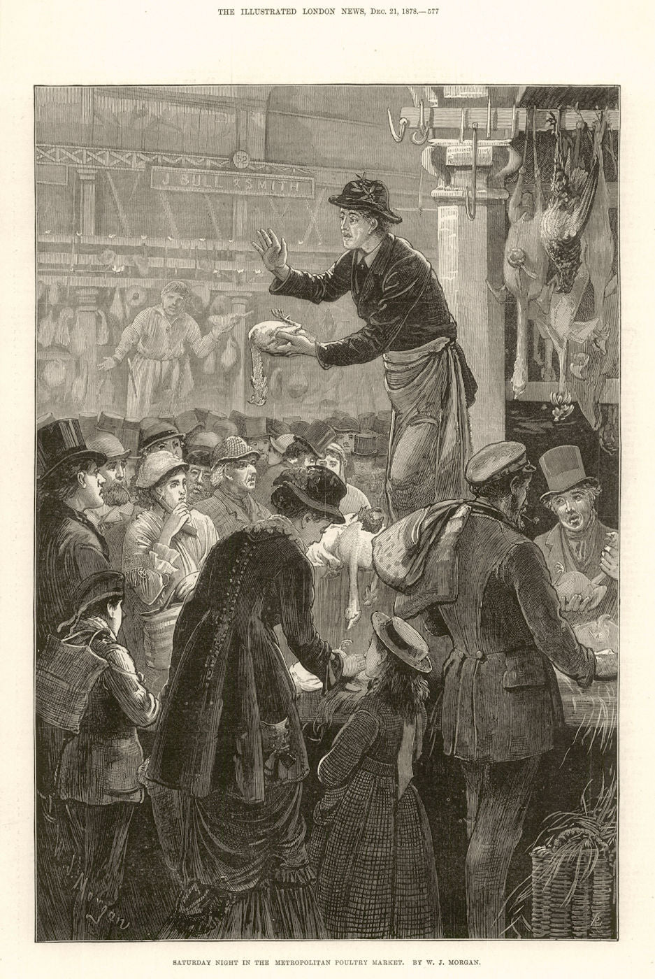 Saturday night in the Metropolitan Poultry market. Smithfield 1878 old print